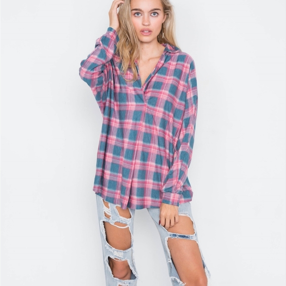 coverstitch Tops - Coverstitch Teal & Red Plaid Flannel Front Knot…